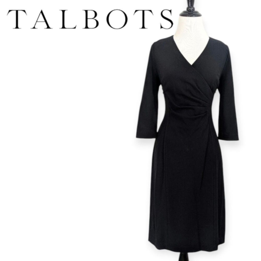 Talbots Solid Black Faux Wrap Midi Dress - Size 4P - 4 Petite Womens